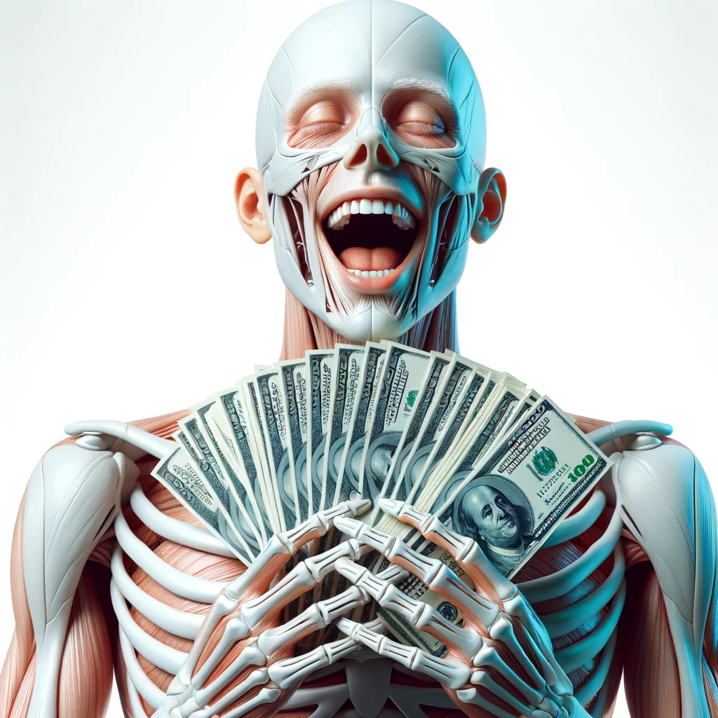 corpo umano anatomico sereno e felice con una montagna di banconote davanti al viso, espressione stupita, iperrealistica 4k, isolato su sfondo bianco emoji