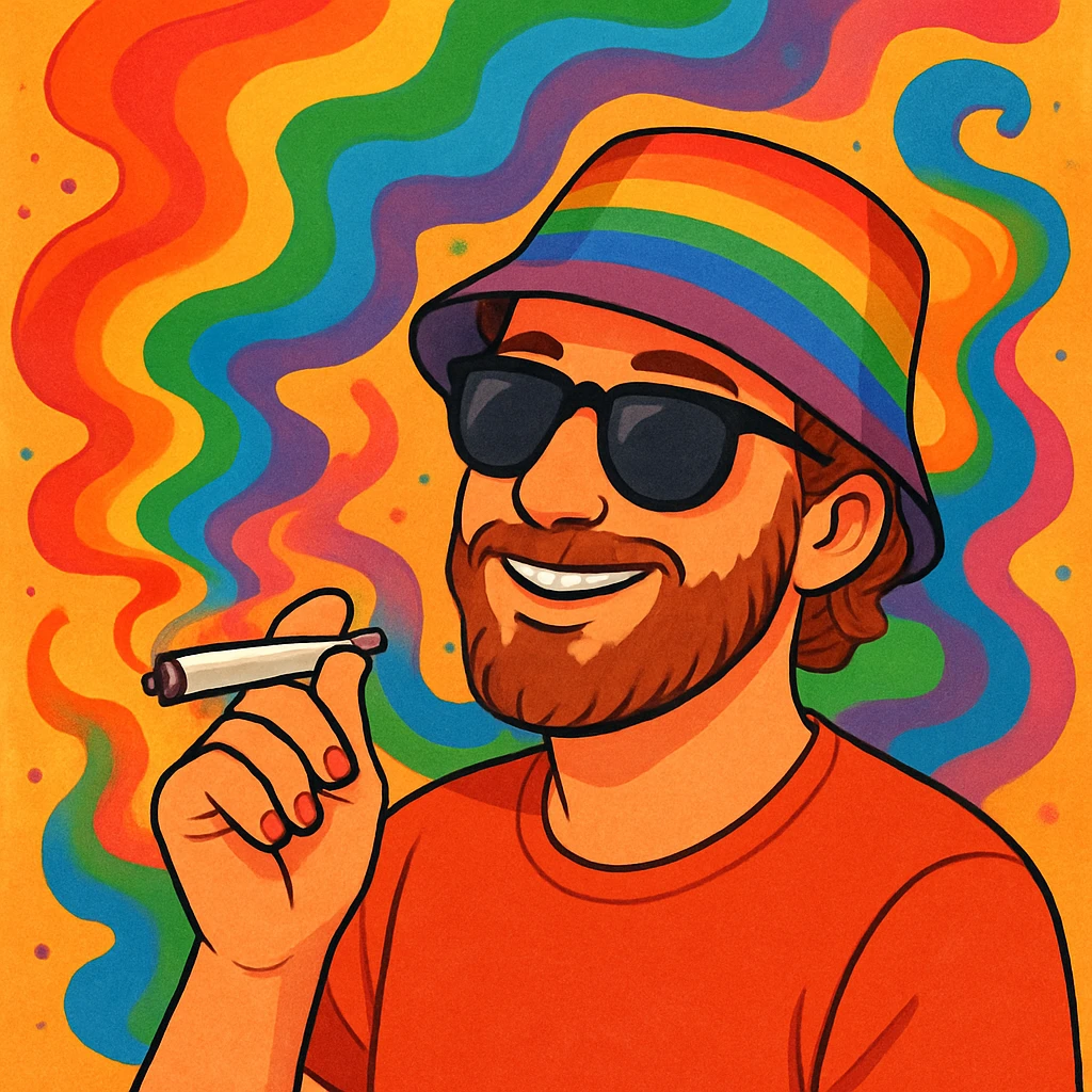 A relaxed man with a rainbow hat, sunglasses, and a joint, surrounded by colorful smoke, playful and friendly, LGBTQ+ pride theme emoji
