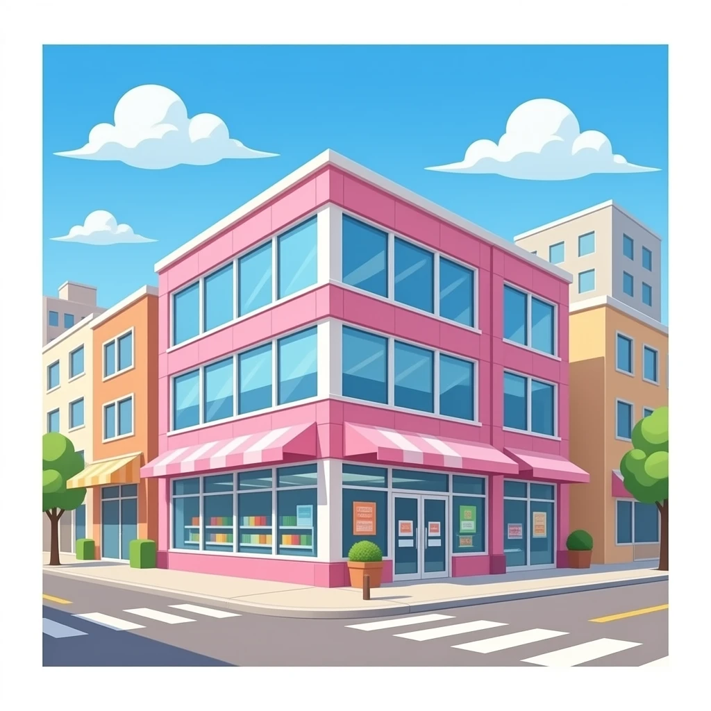 A pink supermarket with floor-to-ceiling windows, in an urban style—no blue clouds emoji