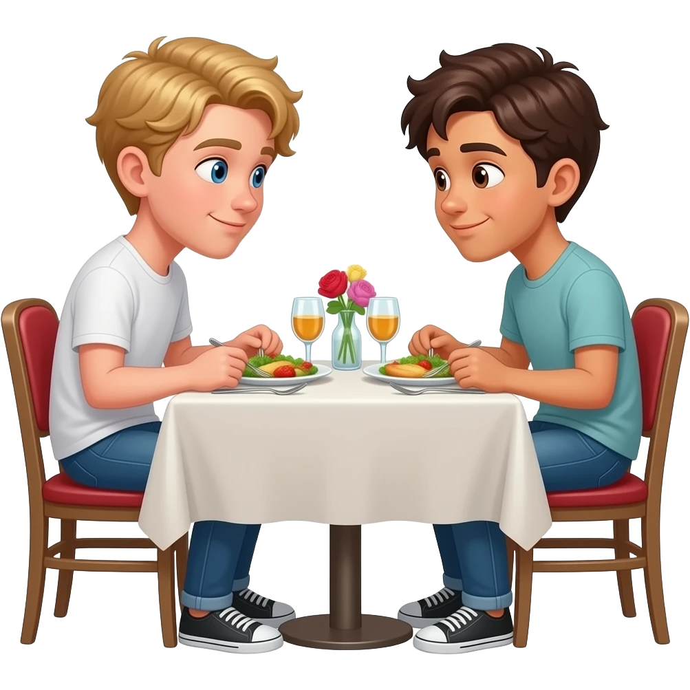Make a young gay male teen couple on a Date , one has light Skin with Blond Hair and Blue Eyes, the other one has slightly brown skin witz dark Brown Hair and Brown Eyes. They are on a date having dinner. They look at each other in love. emoji