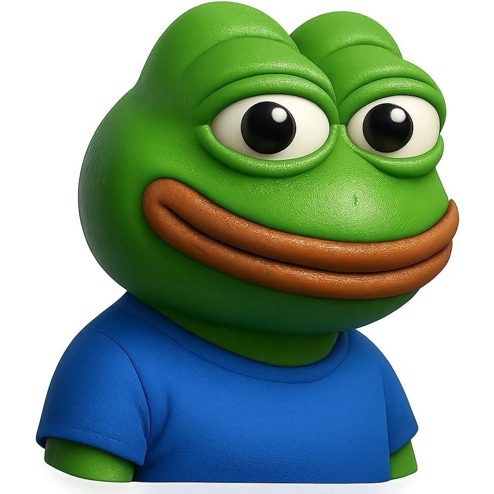 pepe in
- 3d style
- bright green
- blue shirt
- smiling
- looking straight at the camera
- good highlights and shadows
- 30deg angled towards the right
- 20% inset padding
- nice rounded cut off at the bottom emoji