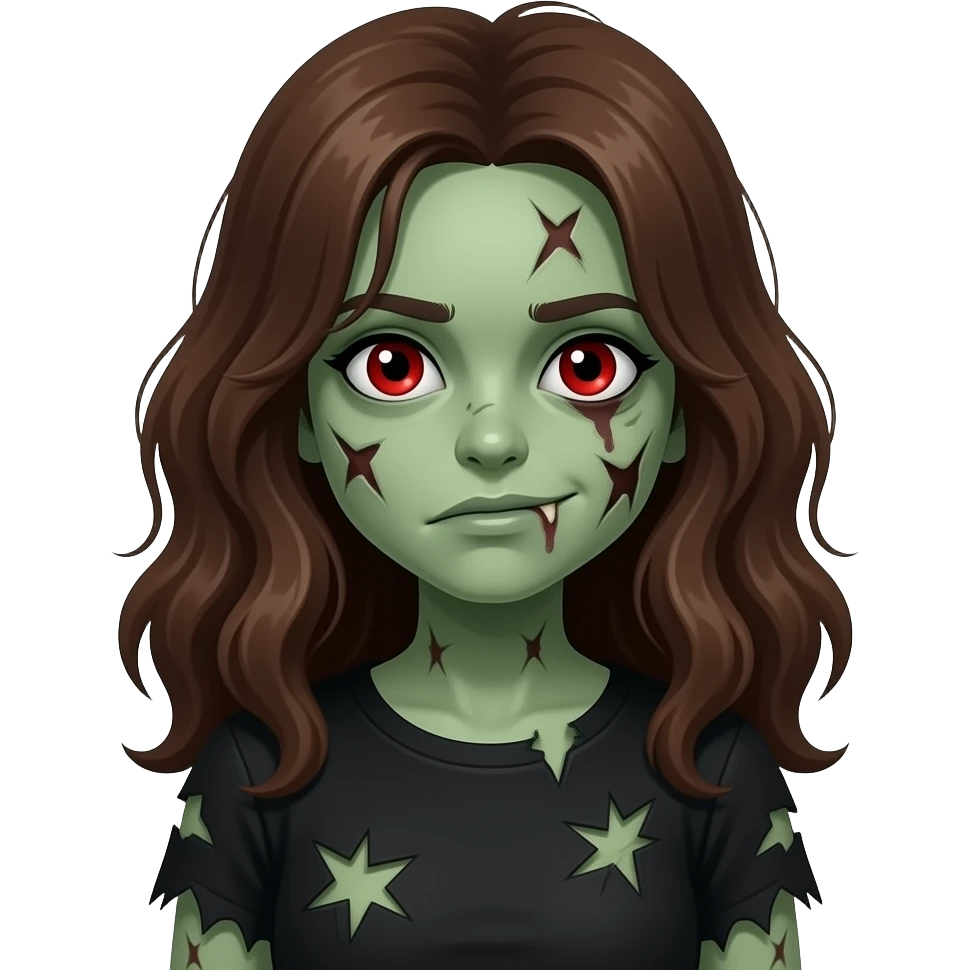 uma menina zumbi de pele verde e estragada com cabelo grande, marrom e ondulado e olhos vermelhos e blusa preta rasgada emoji