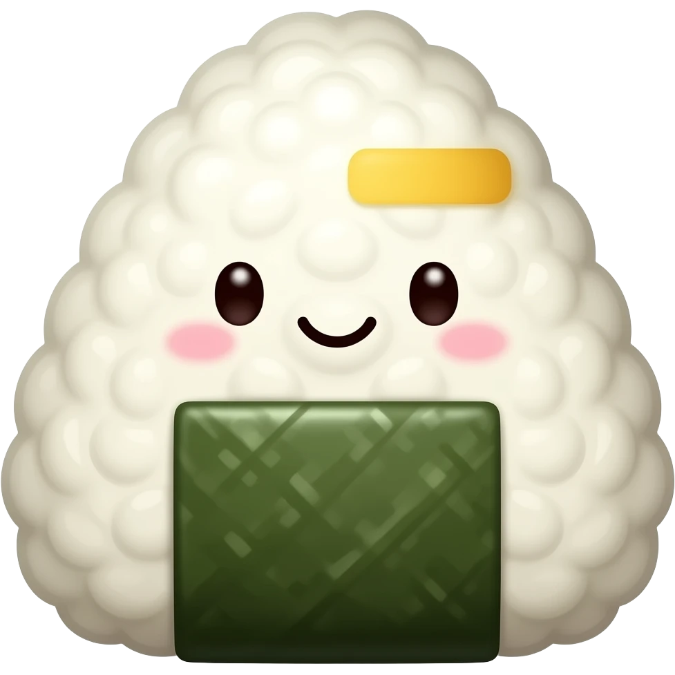 kawaii triangular onigiri emoji, convenience store rice ball wrapped in seaweed with a yellow label, simple cute icon style emoji