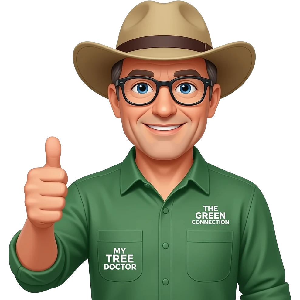 middle-aged, trustworthy man with blue, friendly eyes and dark-rimmed, oblong glasses, in a green-collared, long-sleeve shirt with an Australian-wide-brim Akubra hat. Holding a thumbs up. 'THE GREEN CONNECTION' in white on right shirt pocket. On left shirt pocket, written in white  'MY TREE DOCTOR' emoji