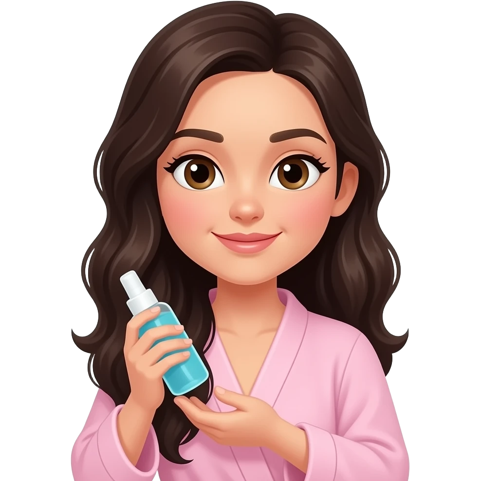 White girl taking care of her black hair by giving herself a hair tonic massage, wearing a light pink robe, iPhone emoji style emoji