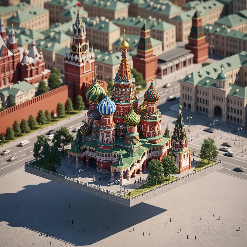 Изометрическая фотореалистичная иллюстрация-модель Москвы в центре Храм Василия Блаженного, баланс между стилизацией и реализмом, эффект миниатюры, прозрачный фон emoji