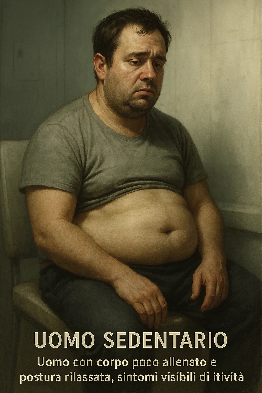 vertical realistic illustration of a sedentary man, poorly trained body, relaxed posture, visible signs of inactivity, clinical atmosphere, dramatic lighting, Italian captions, aspect ratio 2:3 emoji