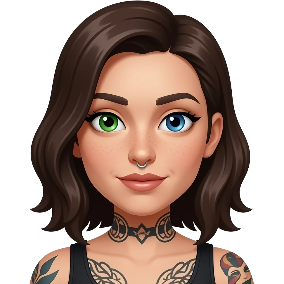 Brunette white woman with one green eye one blue eye tattoos a philtrum piercing and a thin streak of grey hair emoji