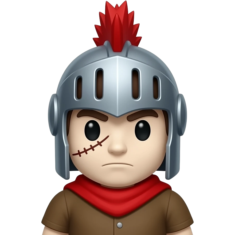 a white skinned droblox character with a stiuched scar under his eye, with a knight helmet that has  ared mohawk, and a red scarf and brown shirt emoji