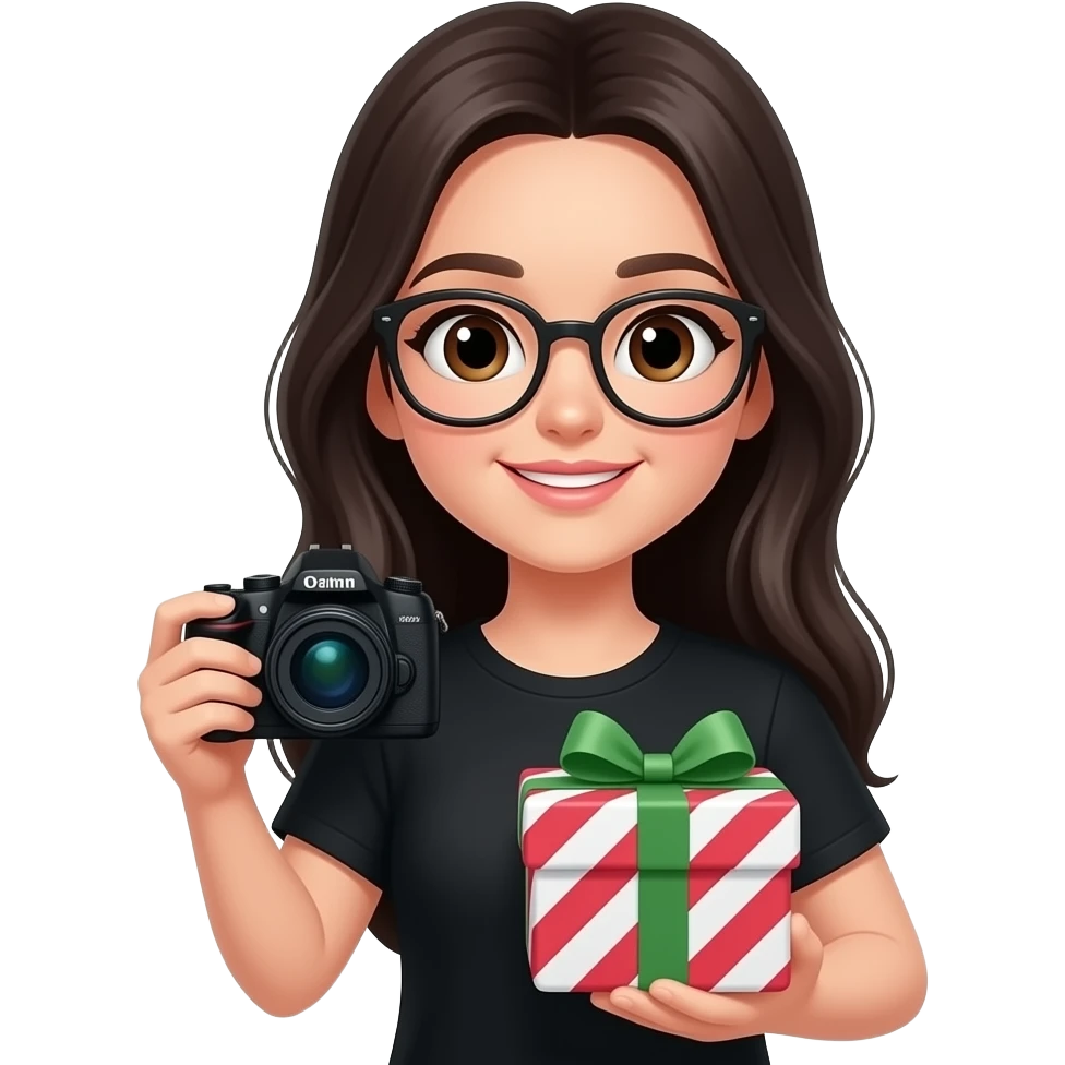 long black haired girl wearing glasses with brown eyes and black shirt with gifts and camera emoji