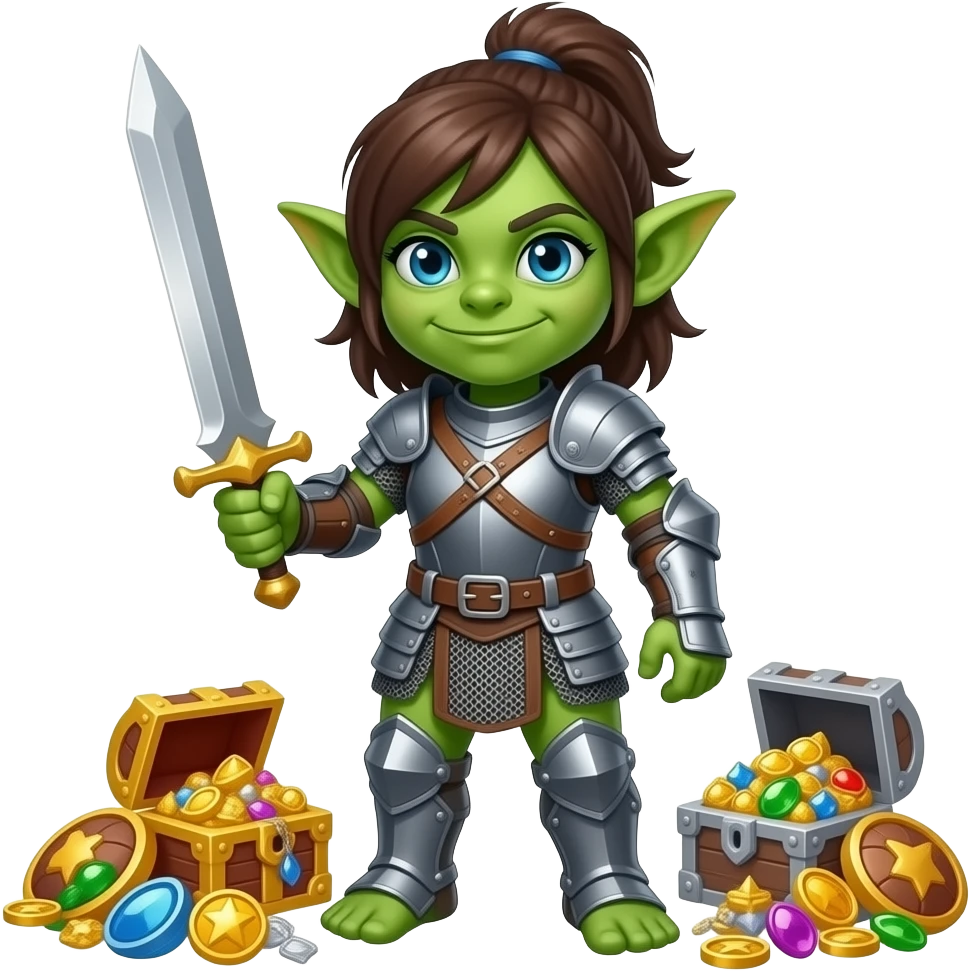 Green skin Goblin fighter girl with shiny treasures emoji