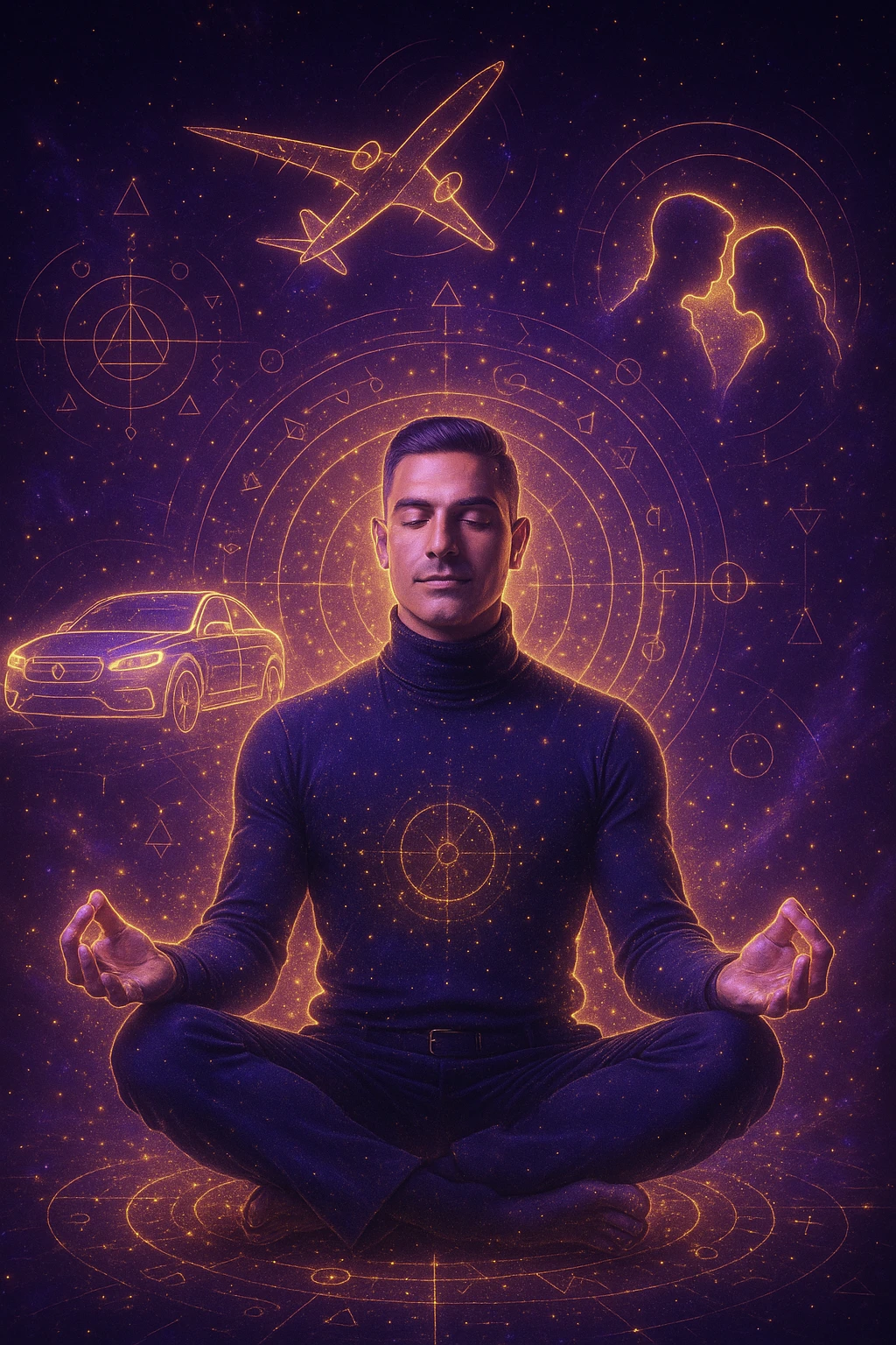 "Un uomo in meditazione fluttuante nello spazio cosmico, circondato da particelle dorate e simboli alchemici. Intorno a lui, oggetti e situazioni dei suoi desideri (auto, viaggi, amore) si materializzano come ologrammi luminosi. Stile cyber-mistico, colori viola e oro." emoji