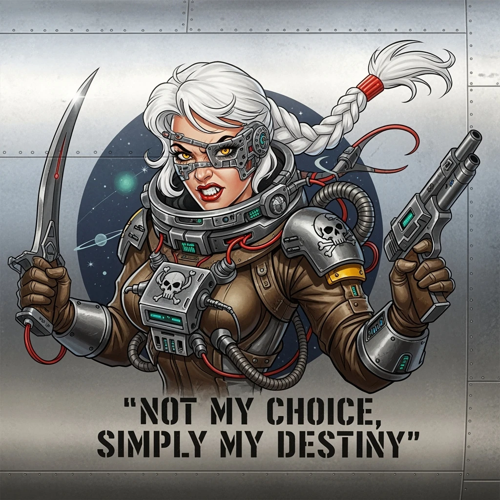 a retro military pinup fuselage decoration for the motto " not my choice, simply my destiny "
the female figure, white hair 1 braid, gold yellow eyes, spacer, fierce, exo-pirate, menacing emoji