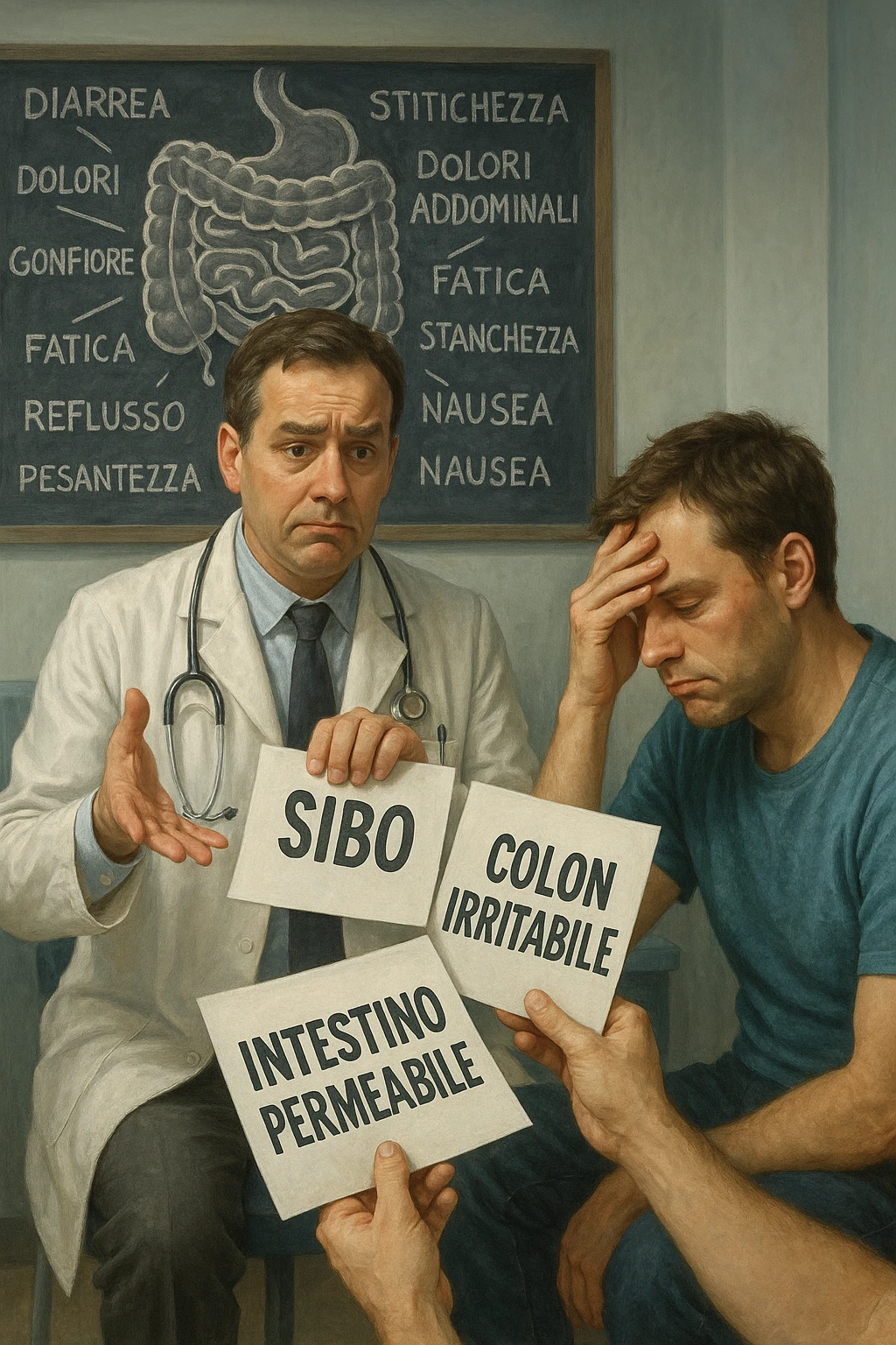Scena clinica con un medico confuso in camice bianco davanti a un paziente seduto. Il medico ha tre fogli in mano, e li mostra uno alla volta con espressione incerta: il primo dice 'SIBO', il secondo 'Colon Irritabile', il terzo 'Intestino Permeabile'. Il paziente ha un’espressione confusa e scoraggiata, con una mano sulla fronte. Sullo sfondo una lavagna caotica con disegni di intestino e sintomi ovunque. Stile realistico con tocchi ironici, toni freddi da ambulatorio ma con un messaggio visivo forte di incertezza diagnostica. in italiano emoji