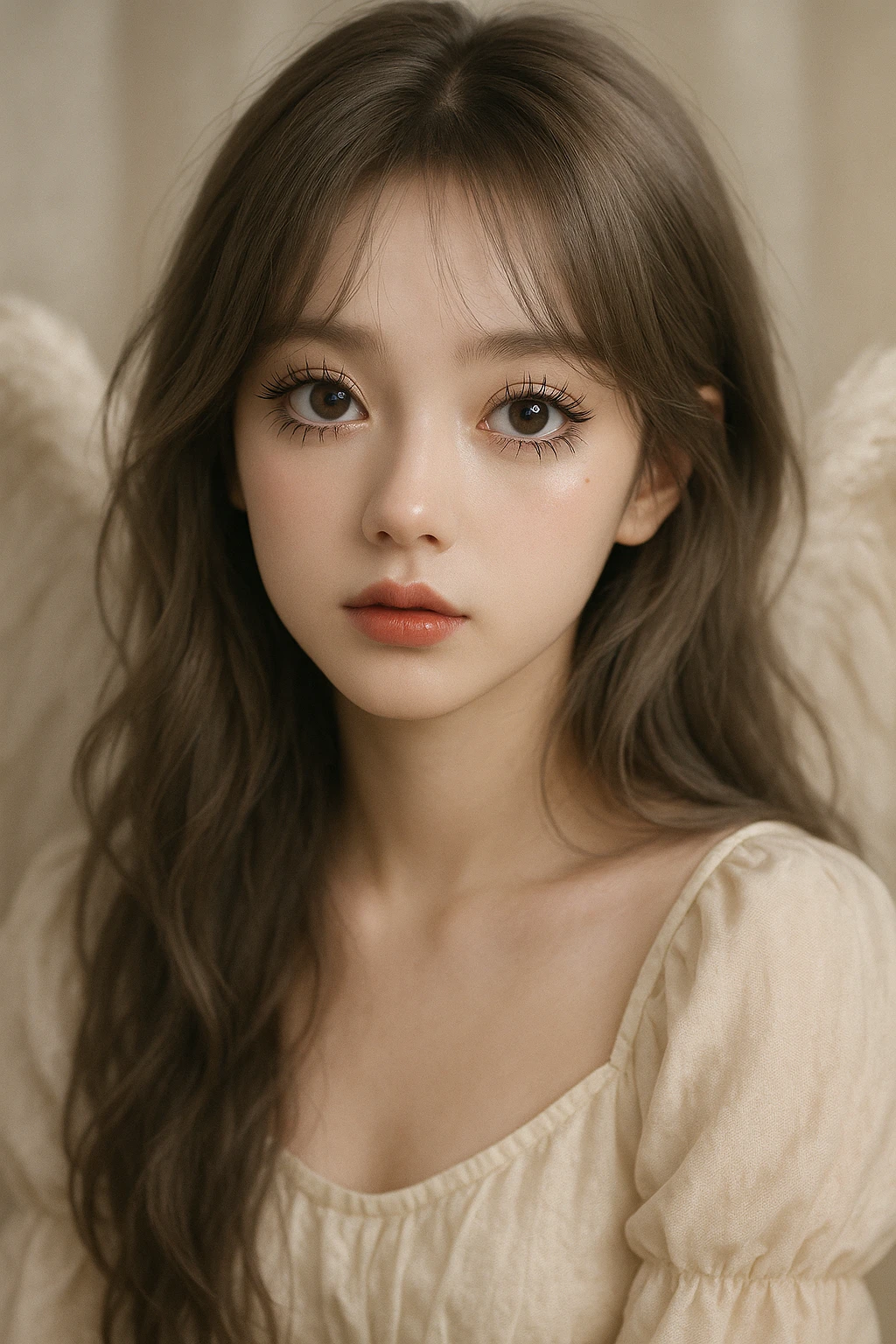 angelic young woman, brownish-gray hair, big eyes with spider lashes, douyin style Korean makeup, dreamy and soft look emoji