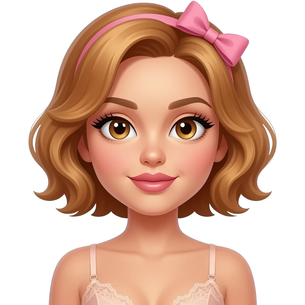 glamours,-tanned,-very-beautiful-woman-with-big-plump-rose-beige-lips,-long-lashes,-honey-silky-very short- hair,-wavy-hair,-with pink bow in hair -hazel-eyes-wearing-nude-lace-lingerie-nude-stilettos,-being-sick emoji