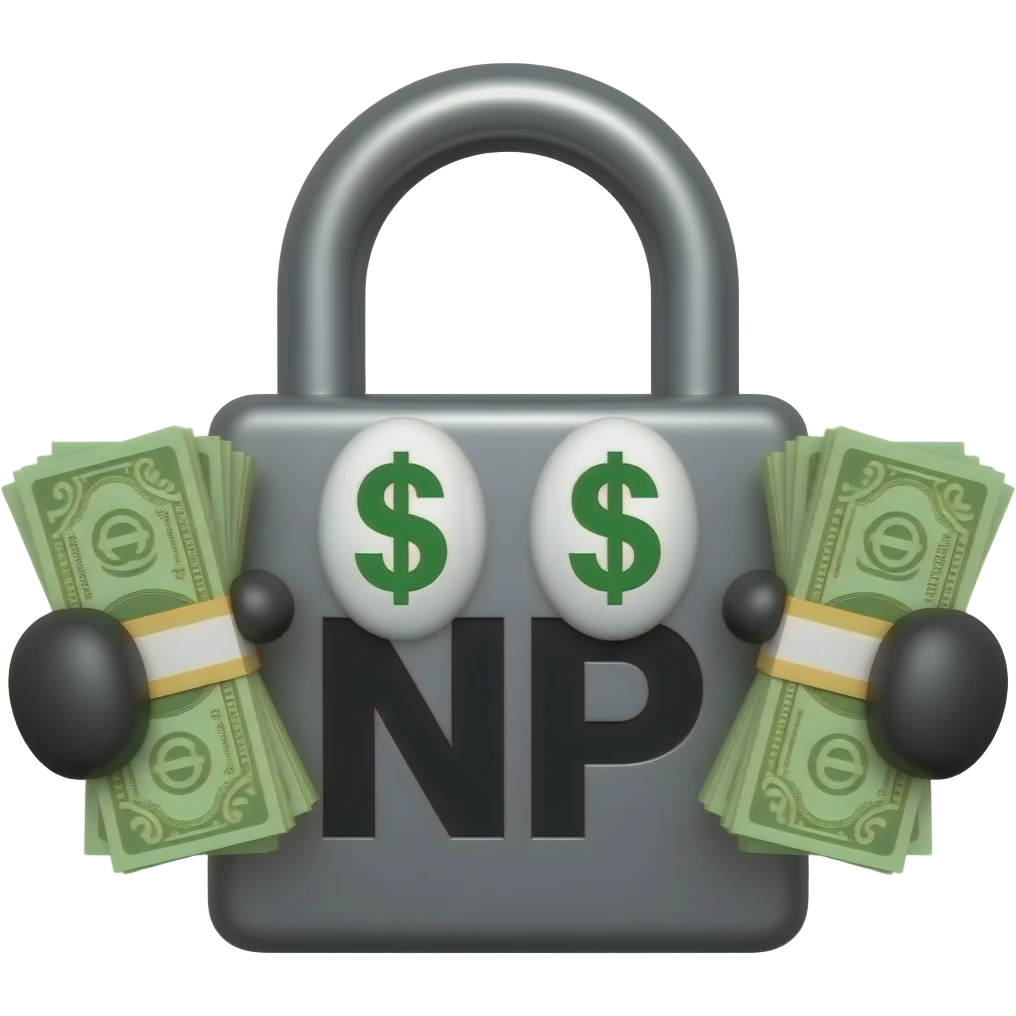 A lock that says “NP” in black with money in hands and green dollar sign eyes emoji