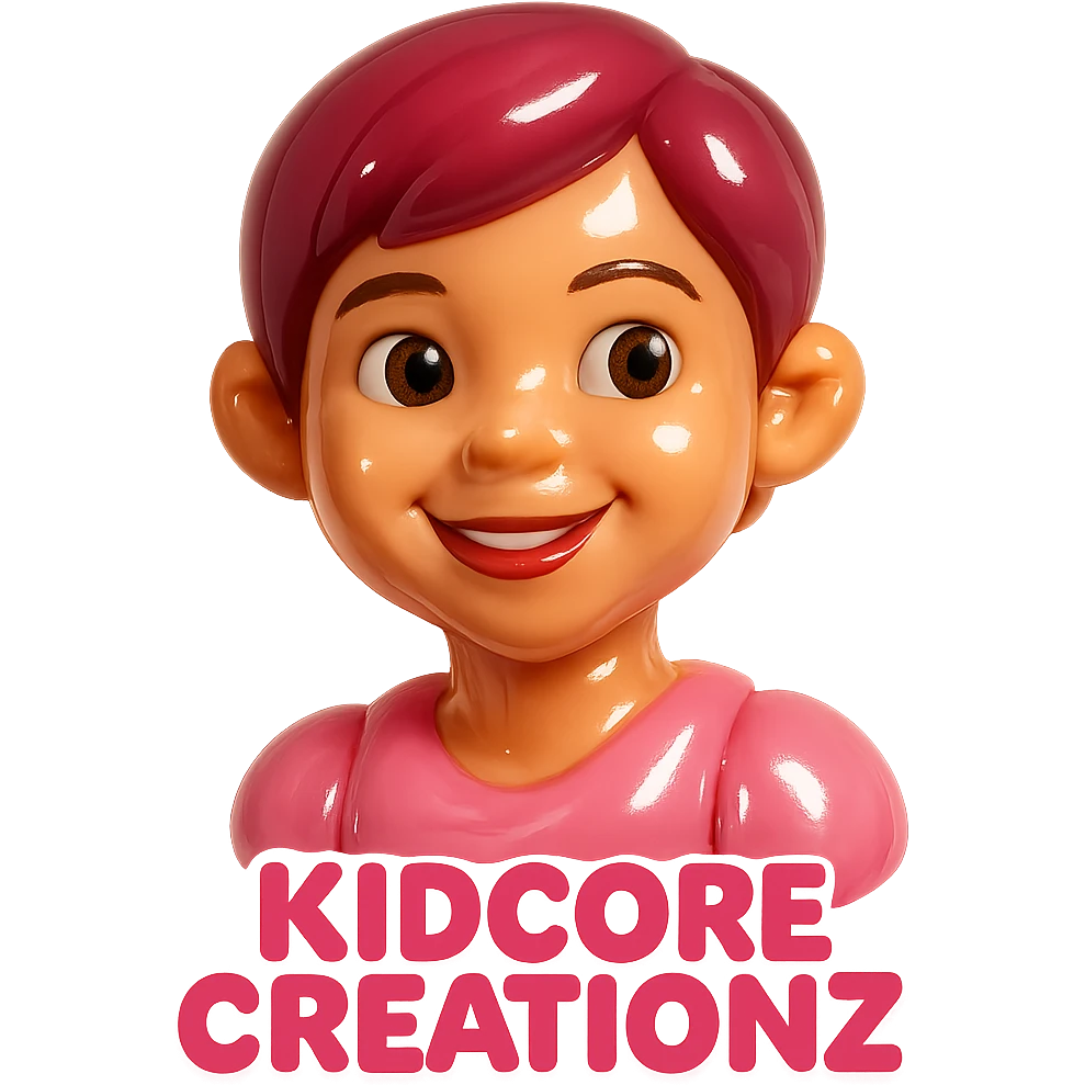 Lightskin girl with a pixie cut
pink blouse
brown eyes
expression is smiling
Add the word Kidcore Creationz in Pink emoji