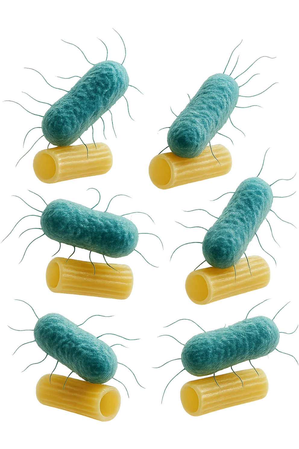SEI BATTERI intestinALI FLUTTUANO IN ARIA CON PENNE DI PASTA RIGATE, IPERREALISTICO 4K emoji