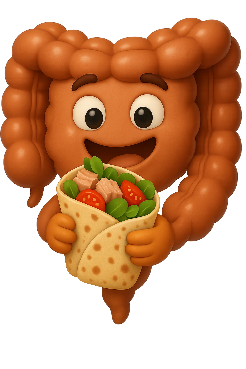 EMOJI STILE IPHONE DI un intestino che mangia una piadina con tonno, valeriana e pomodorini, iperrealistica 4k emoji