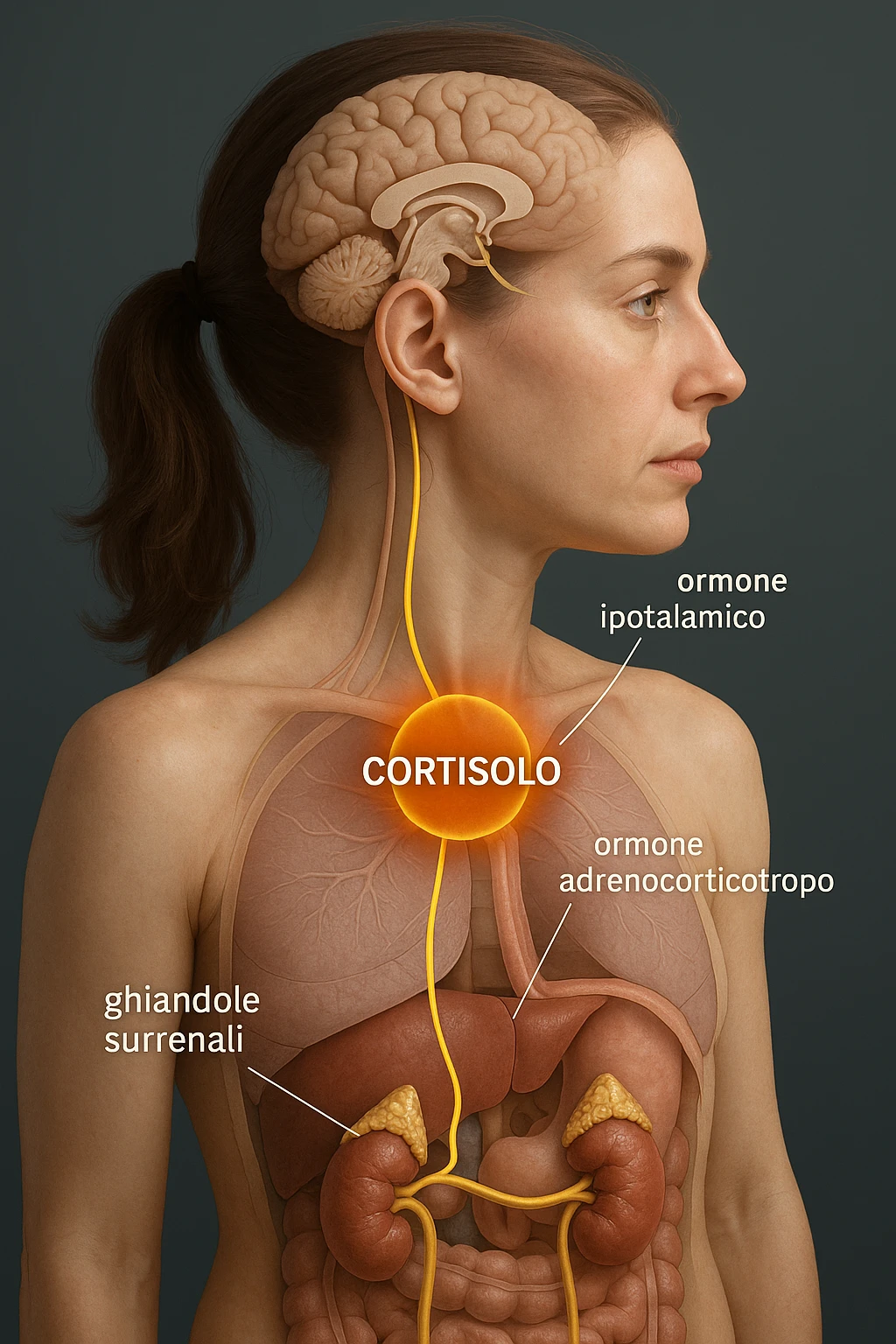 Illustrazione medica 3D realistica in italiano che mostra una donna con cortisolo e ghiandole surrenali evidenziati, collegamenti ormonali visibili, con didascalie in italiano e rapporto 2:3. L'immagine deve avere un aspetto 3D realistico e dettagli anatomici precisi. emoji