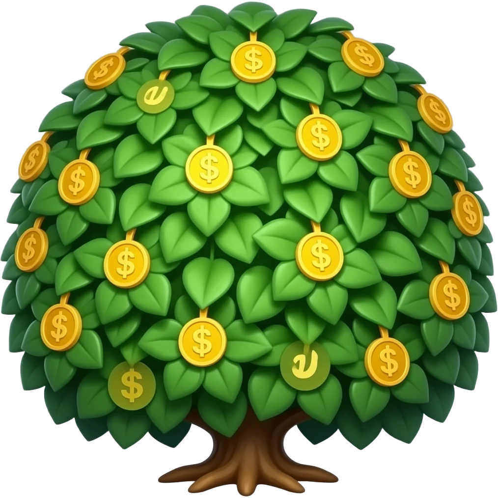 Apple-style money tree, round soft green canopy. No pot, no ground — only the tree. Small gold coins as fruits inside the leaves. Flat 2D vector, clean shapes, no gradients. Dark near-black background, premium fintech icon. emoji