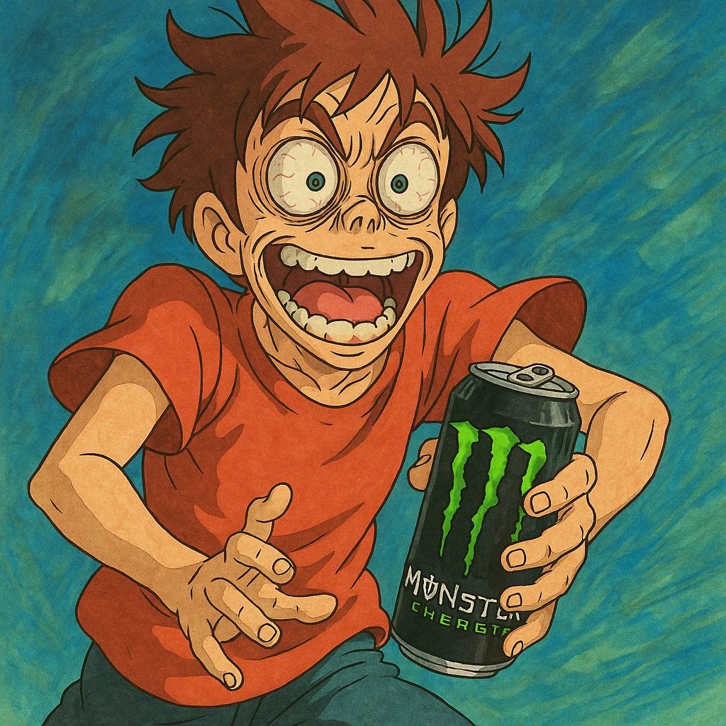 cartoon character strung out on Monster energy drink, wild eyes, jittery, holding a Monster can, ghibli style emoji