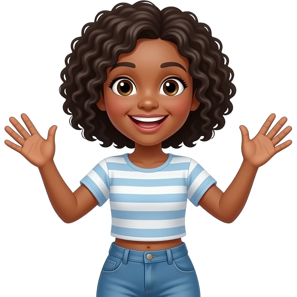 Black Girl with both hands open in the air. Happy, frontal view above waist only emoji