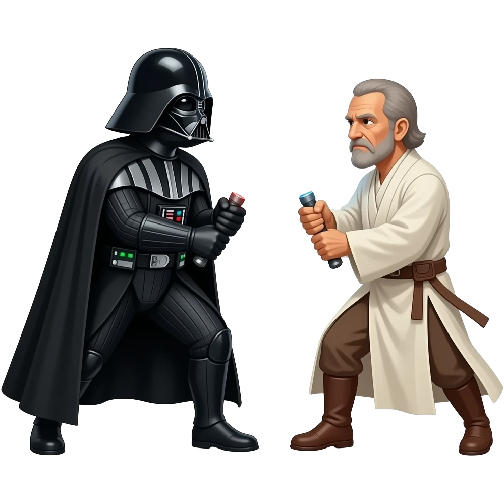 Darth Vader holding a red lightsaber clashing with obi wan kenobi holding a blue lightsaber emoji