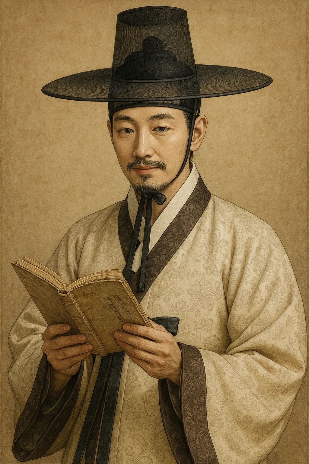 Korean Joseon Dynasty scholar wearing a gat hat, holding a book, intellectual and gentle expression, traditional hanbok emoji