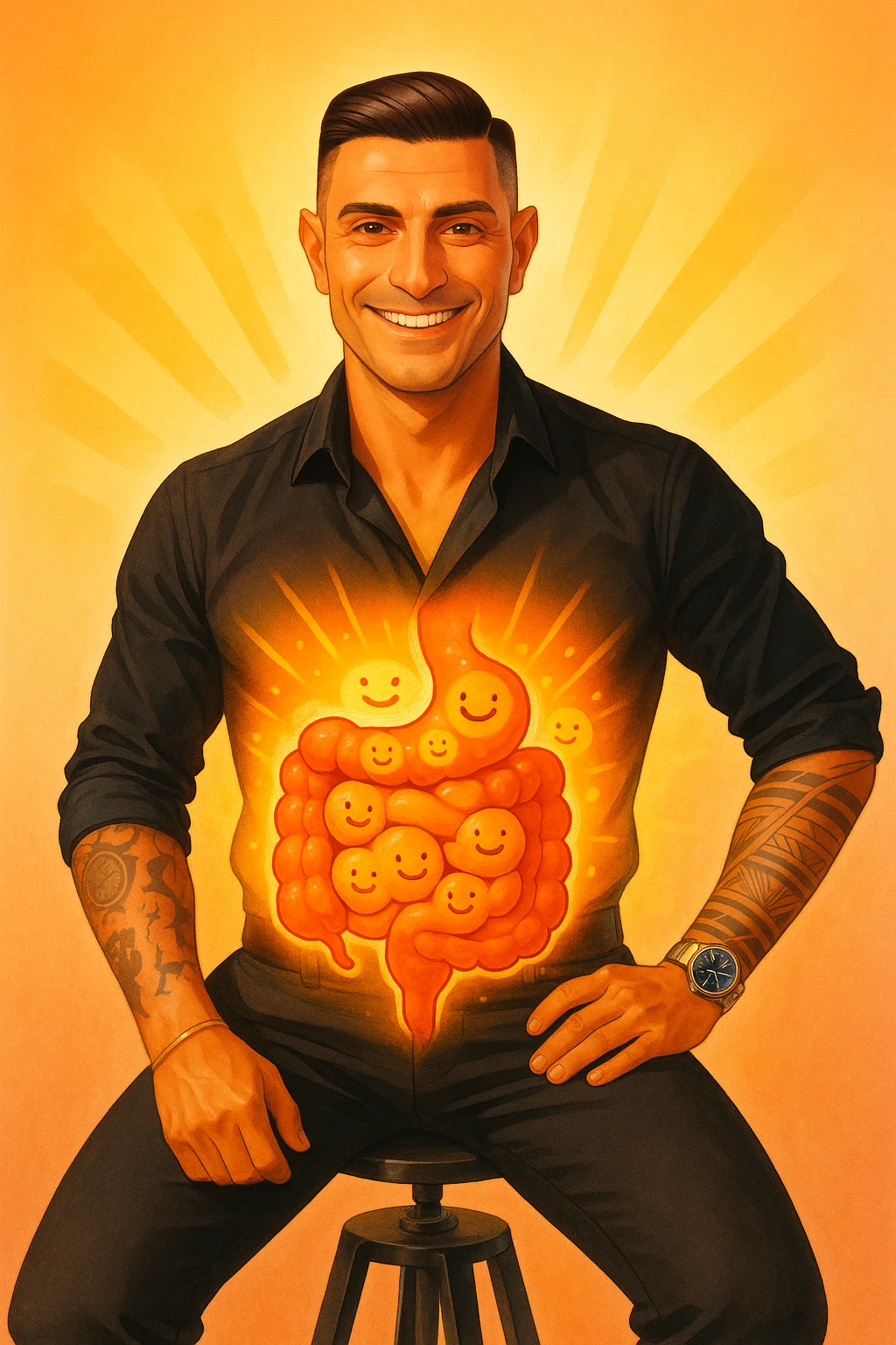 Verticale: uomo con energia positiva che si irradia dall’addome, intestino stilizzato con batteri buoni sorridenti e nessun parassita, atmosfera di salute e vitalità. emoji