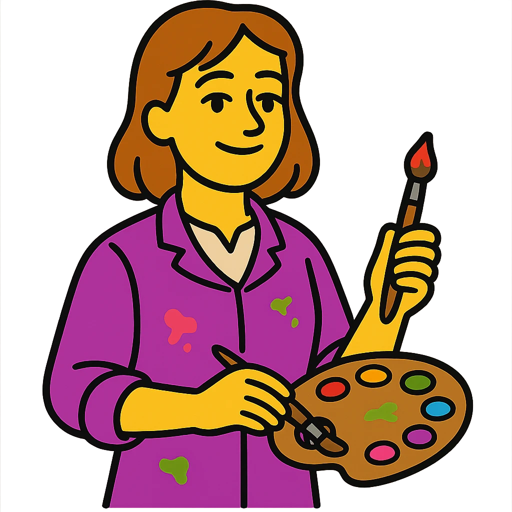 Serene female oil painter, Caucasian features, shoulder-length auburn hair, soft brown eyes, gentle smile, wearing a violet painter’s smock lightly stained with paint over a beige blouse, holding a wooden palette with vibrant colors in one hand and a brush in the other, waist-up, front-facing emoji