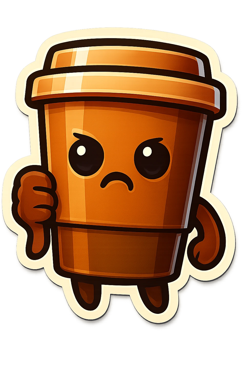 Tall coffee cup, no mouth, big thumbs down emoji