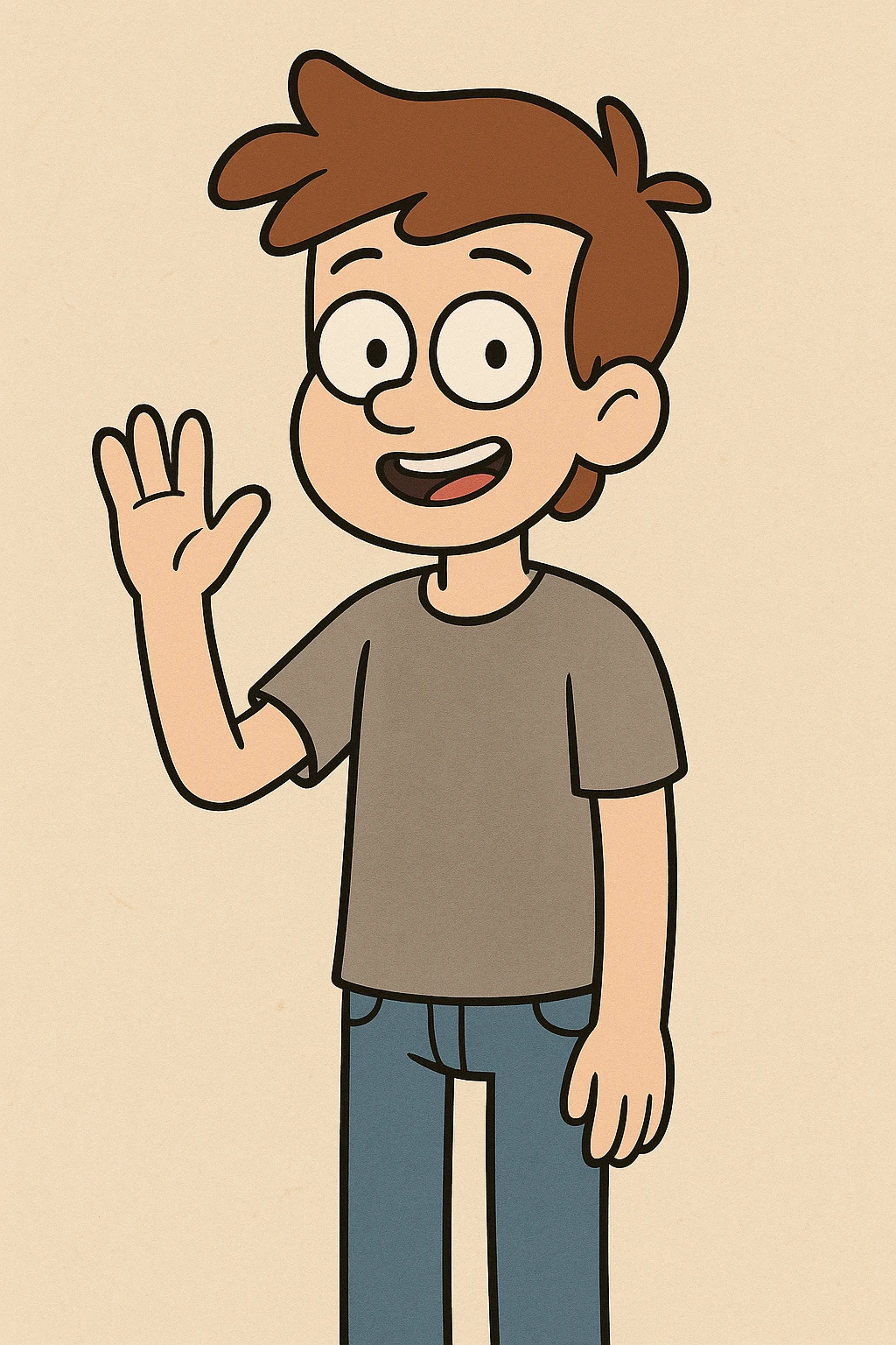 A boy grey shirt blue jeans a hand say hello  emoji