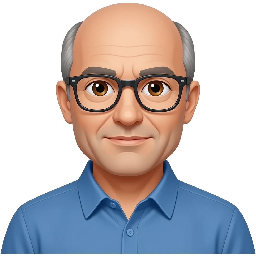 PD - man, brown eyes, early 60s, bald with grey hair on side of head, blue shirt and glasses emoji
