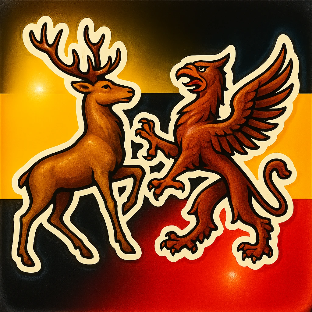Baden-Württemberg coat of arms animal featuring a stag and griffin, less cartoonish, with the Baden-Württemberg flag as background, retro stickers style, no text emoji