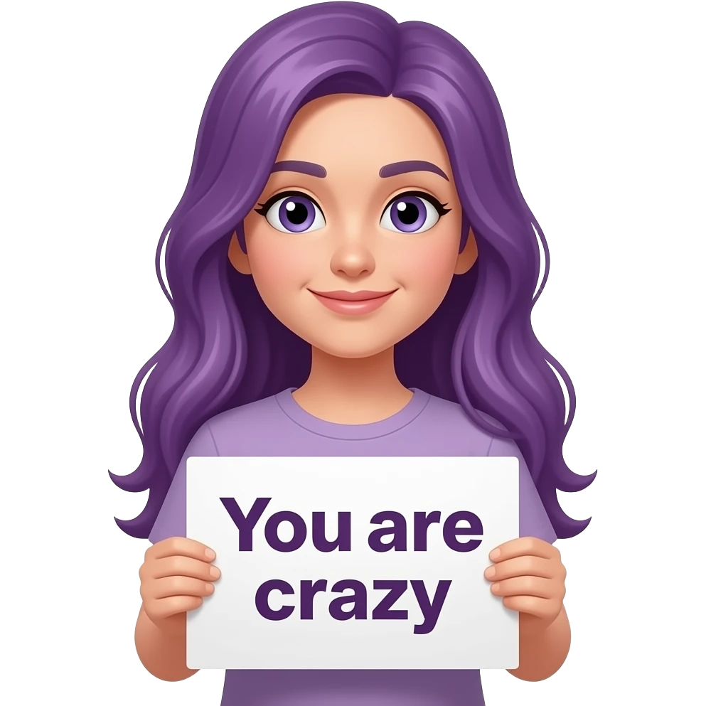 girl with long purple hair with a you are crazy sign emoji