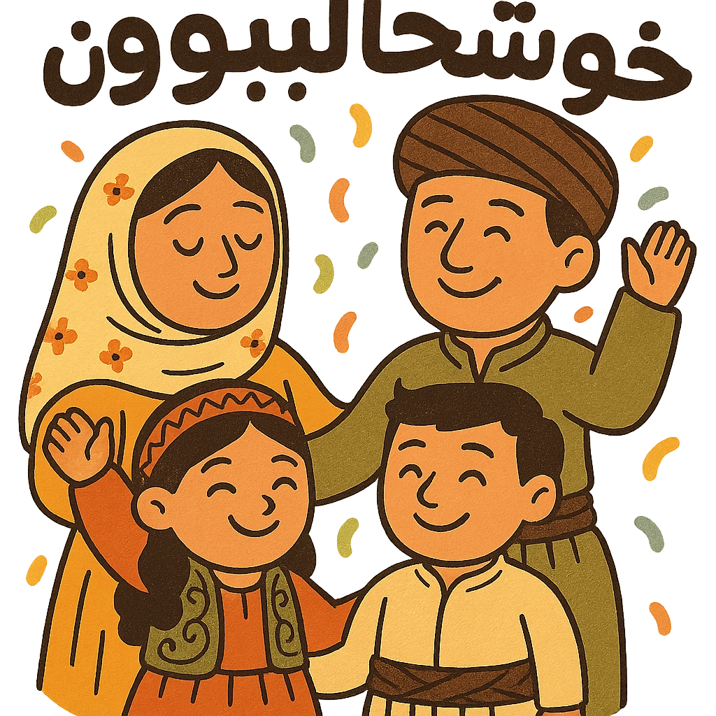 Add the Kurdish phrase 'خۆشحاڵبوون' in a joyful, bold font integrated into the sticker design. Keep the cartoon Kurdish family with confetti. Maintain transparent background. emoji