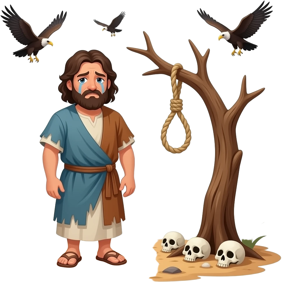 A full bodied dirty and tired man with a sad look on his face , wearing old clothing from biblical times , in a desolate barren land with desert mountains in the background,  vultures, crows flying and skull on the ground, standing in front of a dead tree, with a rope noose hanging from a tree limb emoji