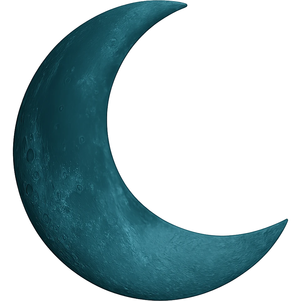 Make this crescent moon more realistic with natural shading and some crater texture, keeping the dark cyan color. No background, transparent. emoji