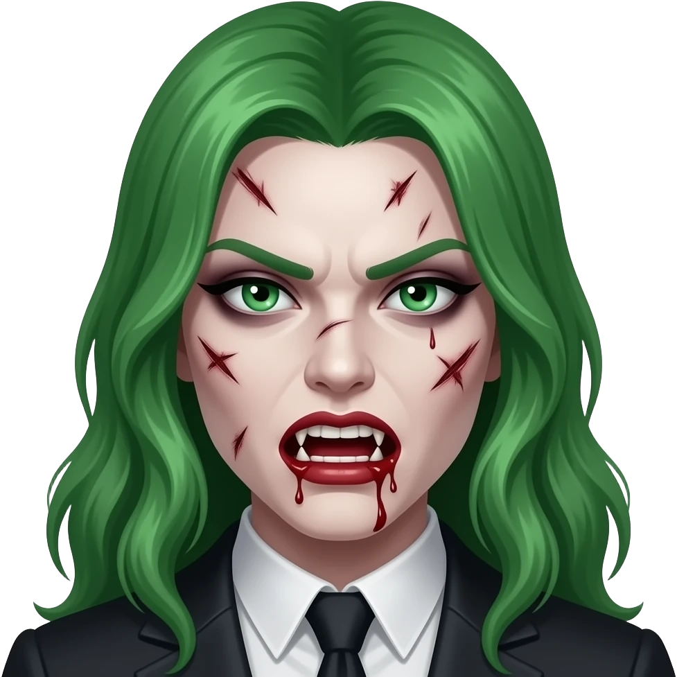 green hair angry women Vampire , scratch in face, blood teeth emoji