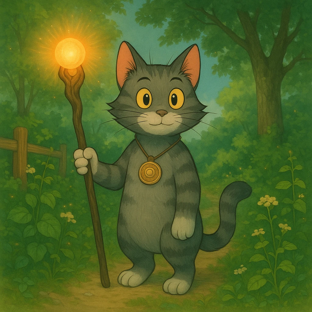 Add a magical item, such as a glowing staff or enchanted amulet, to Tom in Ghibli style, surrounded by nature and lush greenery. emoji