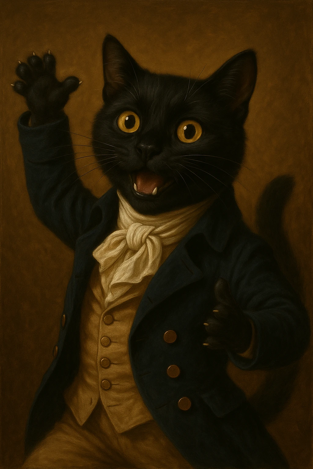 Make the black cat more playful with a dynamic pose and cheerful look, still dressed as a Pride and Prejudice gentleman with cravat and tailcoat. Highlight playfulness and dynamic energy while maintaining the gentleman's Regency clothing. emoji