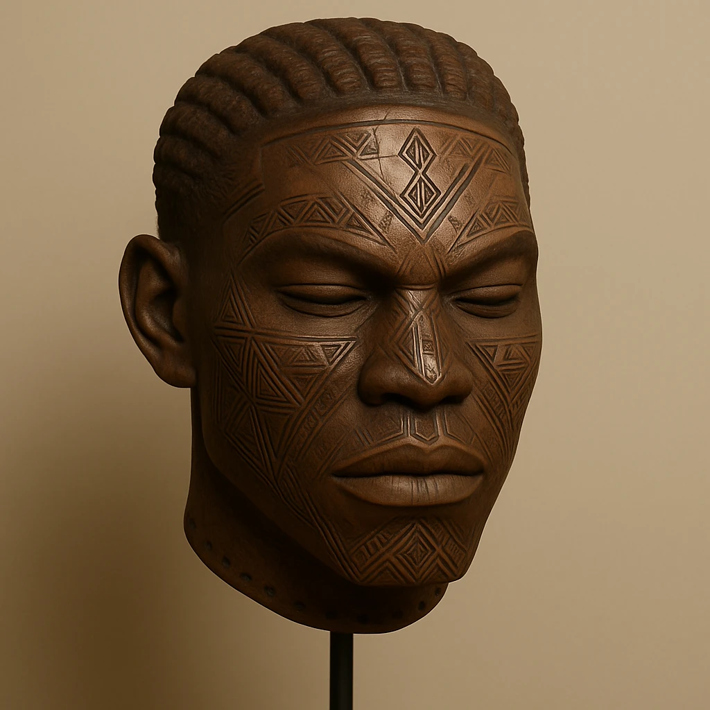 Edit this Mwana Pwo mask to represent a male Cokwe mask with stylized masculine features, geometric tribal designs, and the appearance of a cultural artifact. Keep the background simple and minimal to focus on the mask's details. emoji