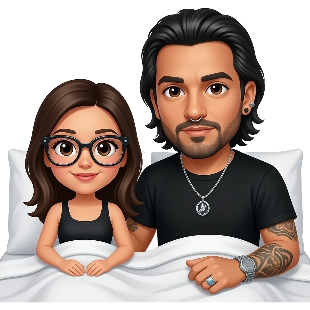 The handsome manly Latino podcast host with medium length hair, a long slightly graying beard and tattoos with his ears pierced 1 time each ear and a nose ring on the right side, dark brown eyes, wearing black, and jewelry, in bed with a girl with oversized glasses emoji
