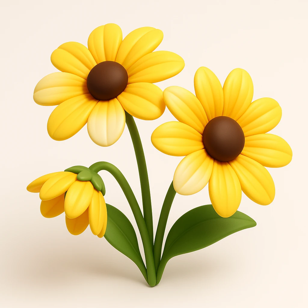 Make three yellow rudbeckia flowers with green leaves more volumetric, add pronounced light and shadow, and realistic highlights in 3D iOS style on a white background. emoji