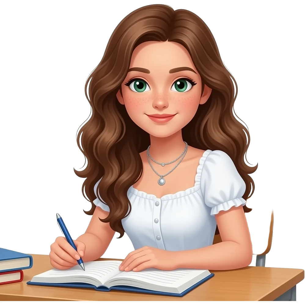 CUTE PALE GIRL PREPPY WITH not volominous WITH WAVEY LONG BROWN HAIR, FRECKLES AND GREEN EYES IN CUTE WHITE TOP WITH SILVER NECKLES, STUDY GIRL emoji