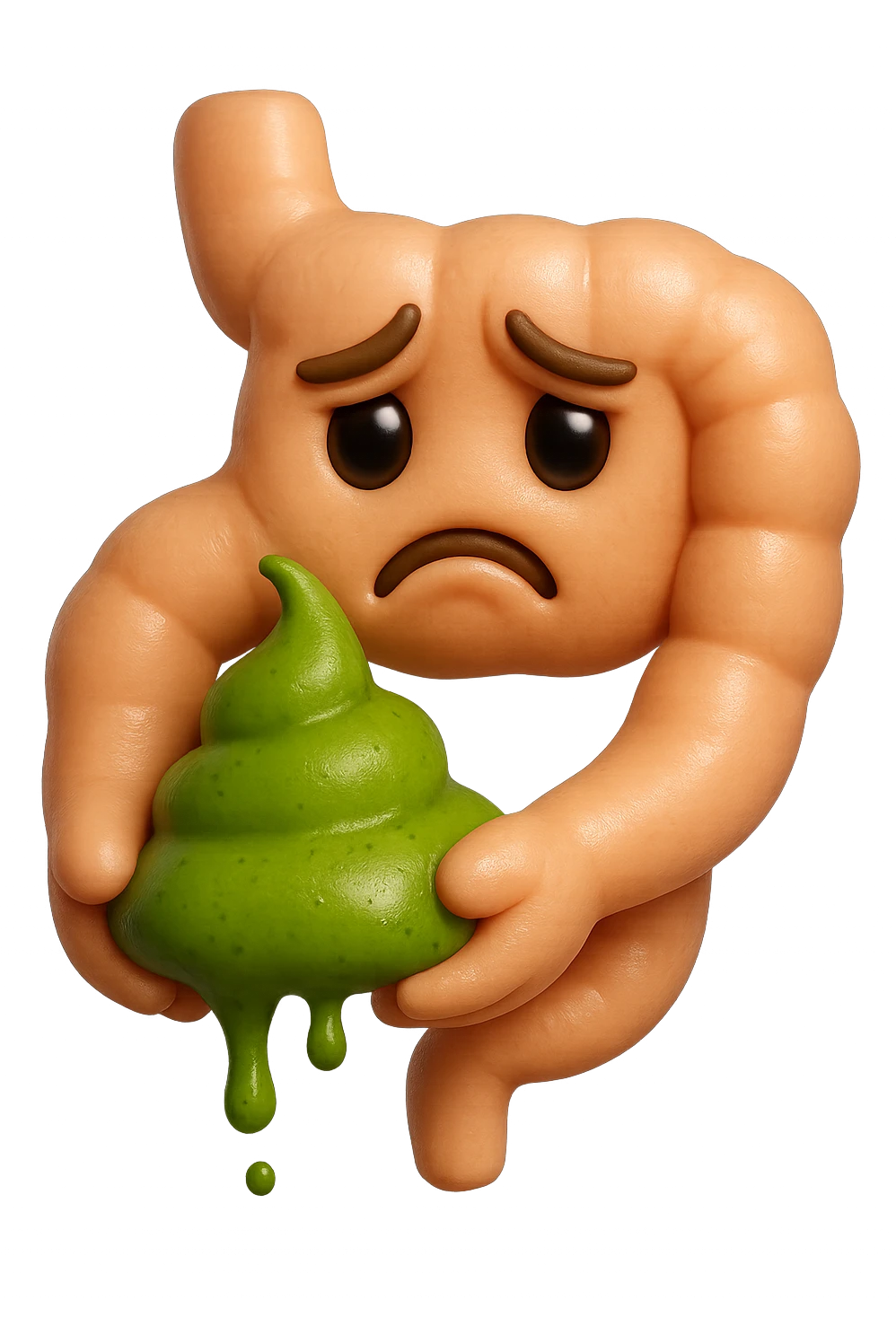 emoji stile iphone 3d di un intestino con espressione triste con cacca verde e liquida in mano , iperrealistiche 4k emoji