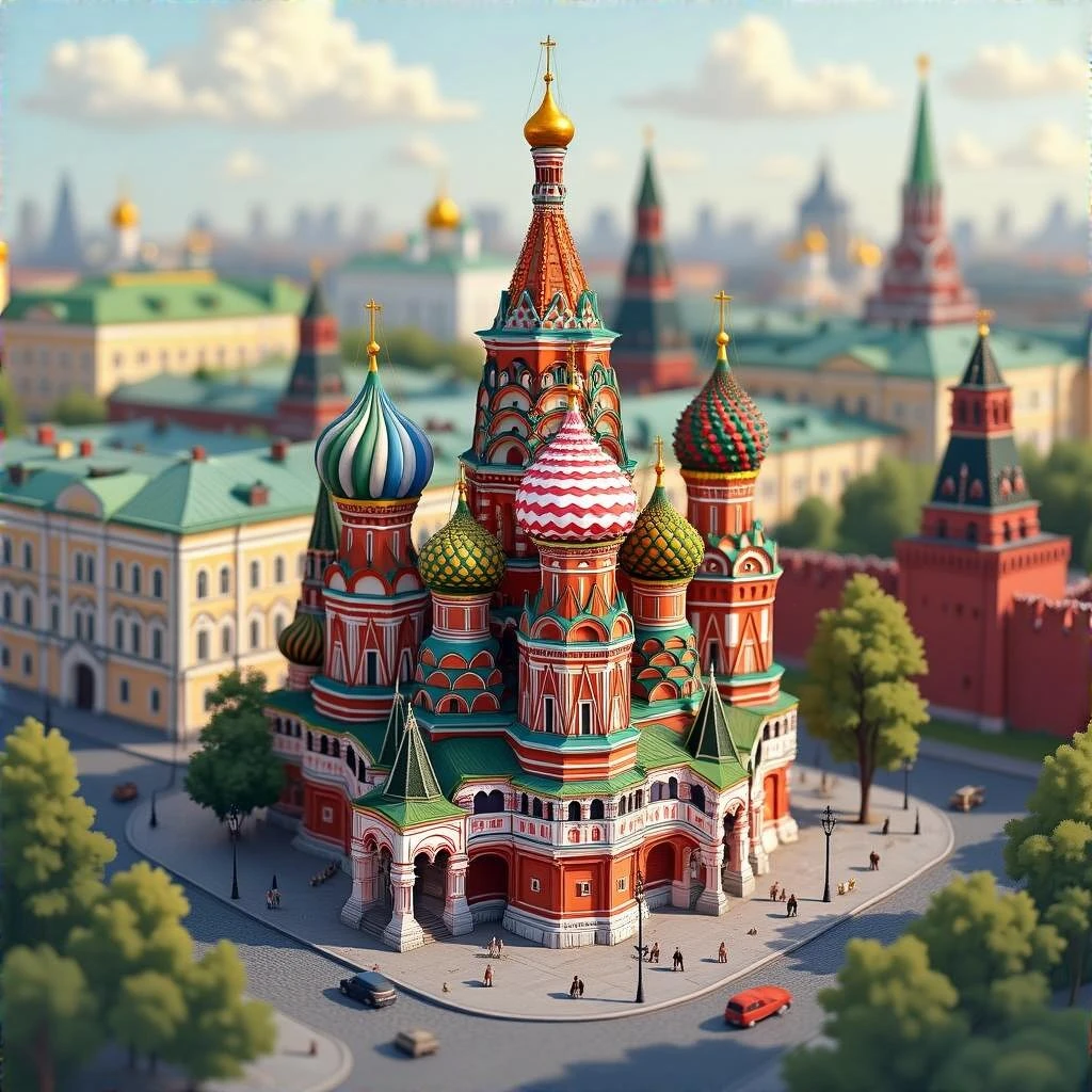 Isometric illustration of Moscow, featuring photorealistic Saint Basil's Cathedral with colorful onion domes, hand-drawn painterly details, subtle texture on bricks and roofs, realistic shadows and soft lighting, muted yet vivid color palette, diorama miniature effect. emoji