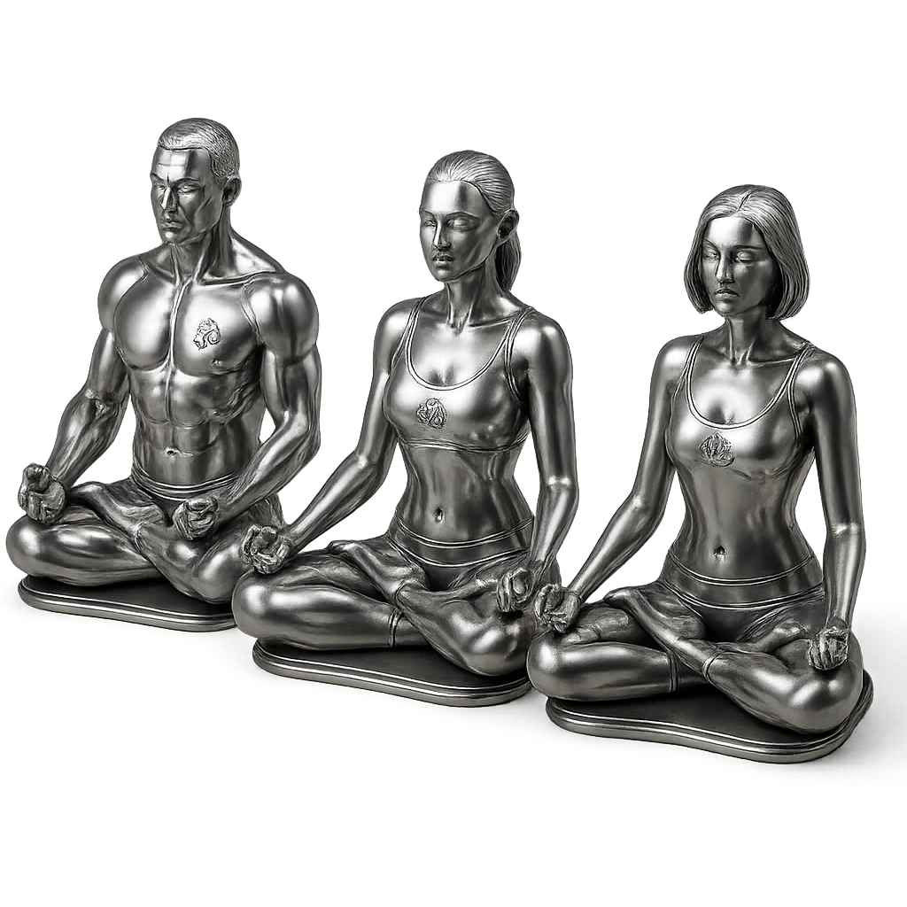 three stylized chrome statues, men and women, meditating in the lotus position, futuristic and polished emoji